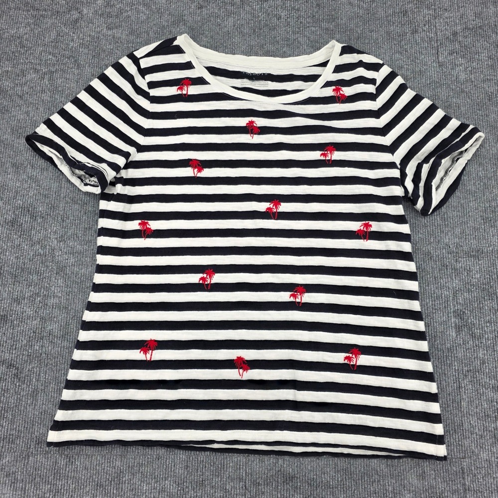 Talbots Womens Navy White Striped Embroidered Red Palm Tree Cotton T-Shirt L